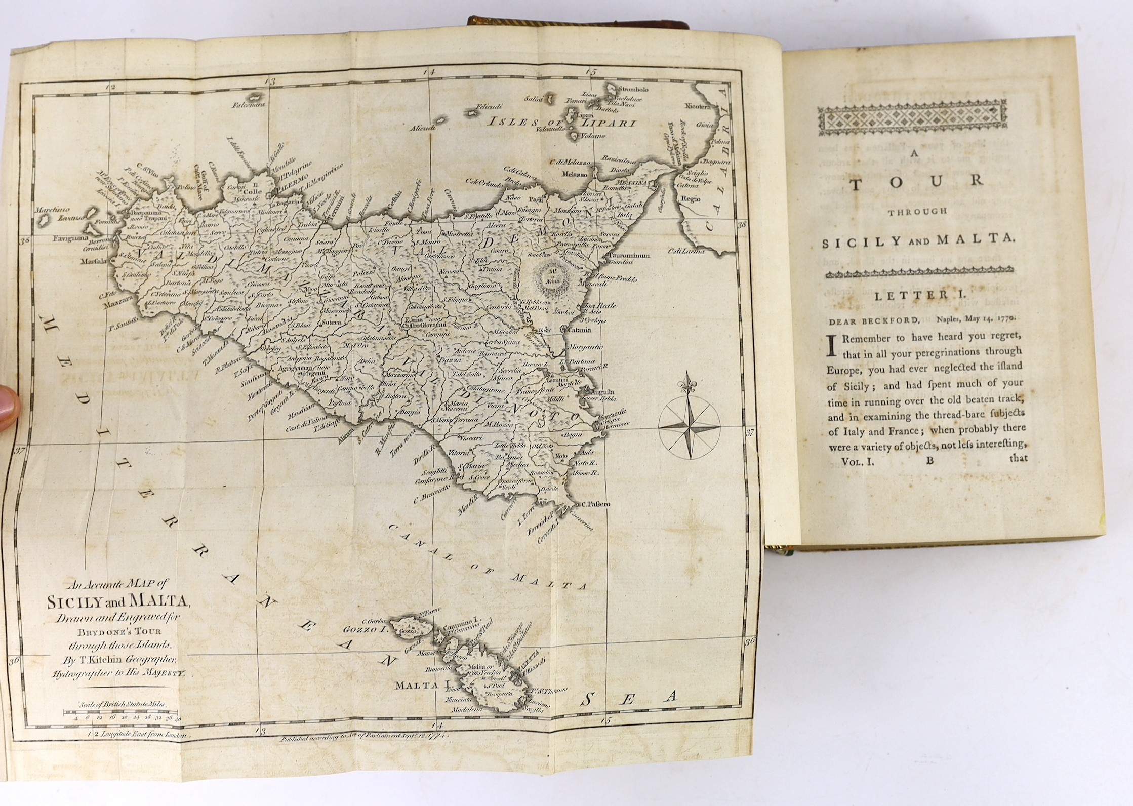 Brydone, Patrick - A Tour through Sicily and Malta. In a series of letters to William Beckford ,Esq. ... First edition, 2 vols, half title, errata leaf; old calf with panelled spines (distressed). 1773